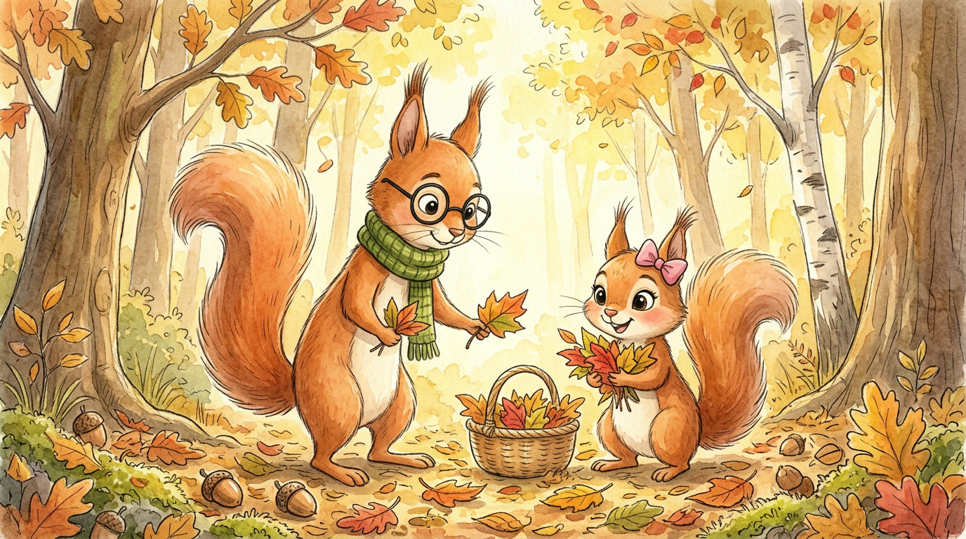 Albin mit grüner Strickschal und Brille und Tamina mit rosa Schleife sammeln Herbstblätter im Wald